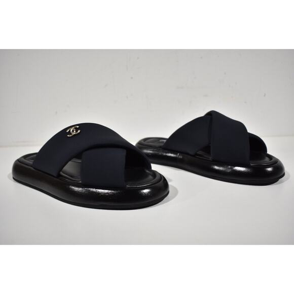 Chanel REV Black Fabric Criss Cross Puffy CC Logo Slide Mule Sandal Flop Flat 38 - Picture 6 of 12